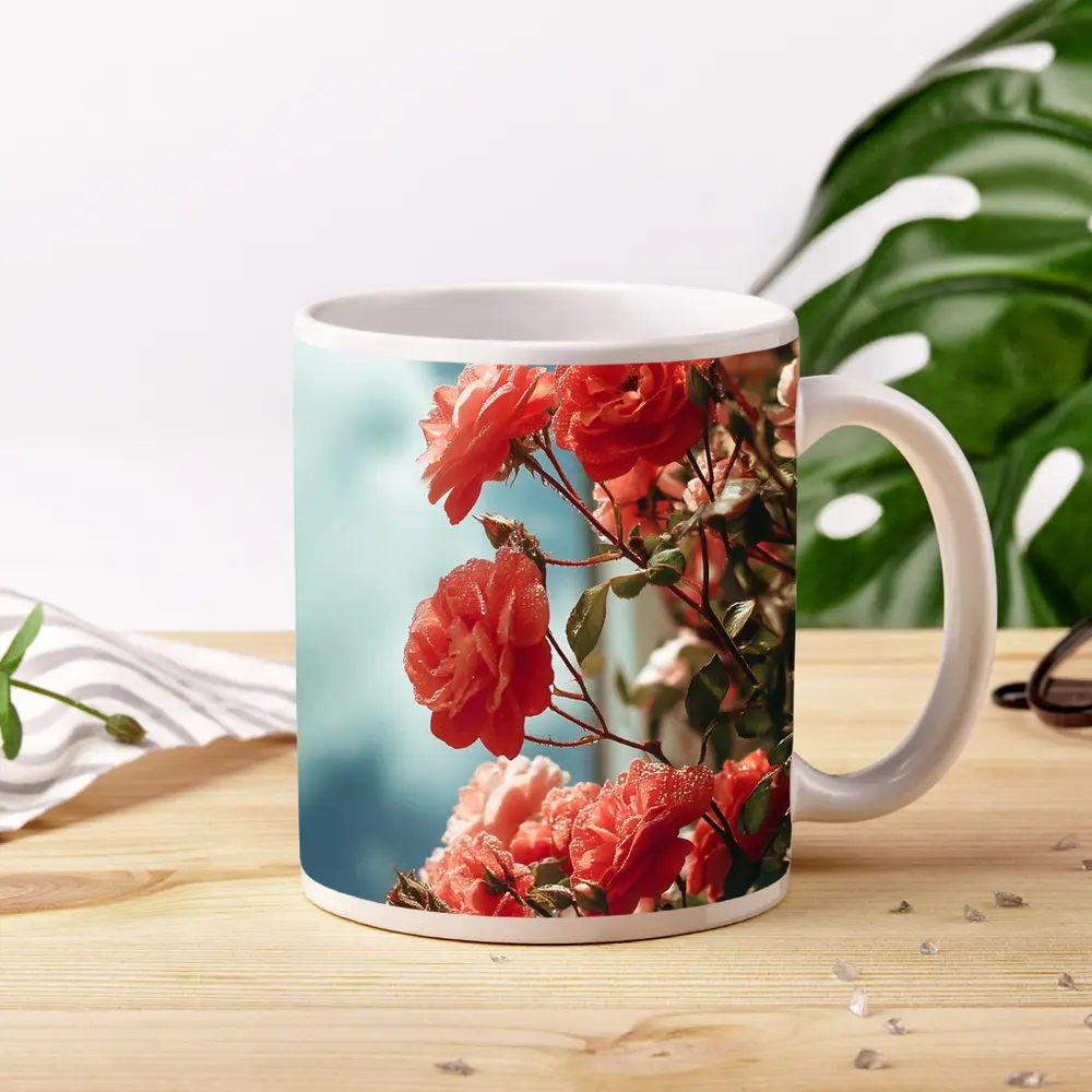 Red Roses Climbing Against Blue Sky – Mugs