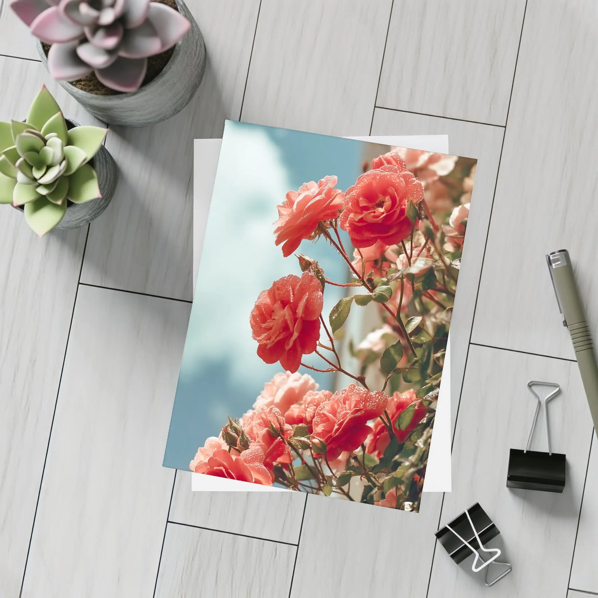 Red Roses Climbing Against Blue Sky – Postcards