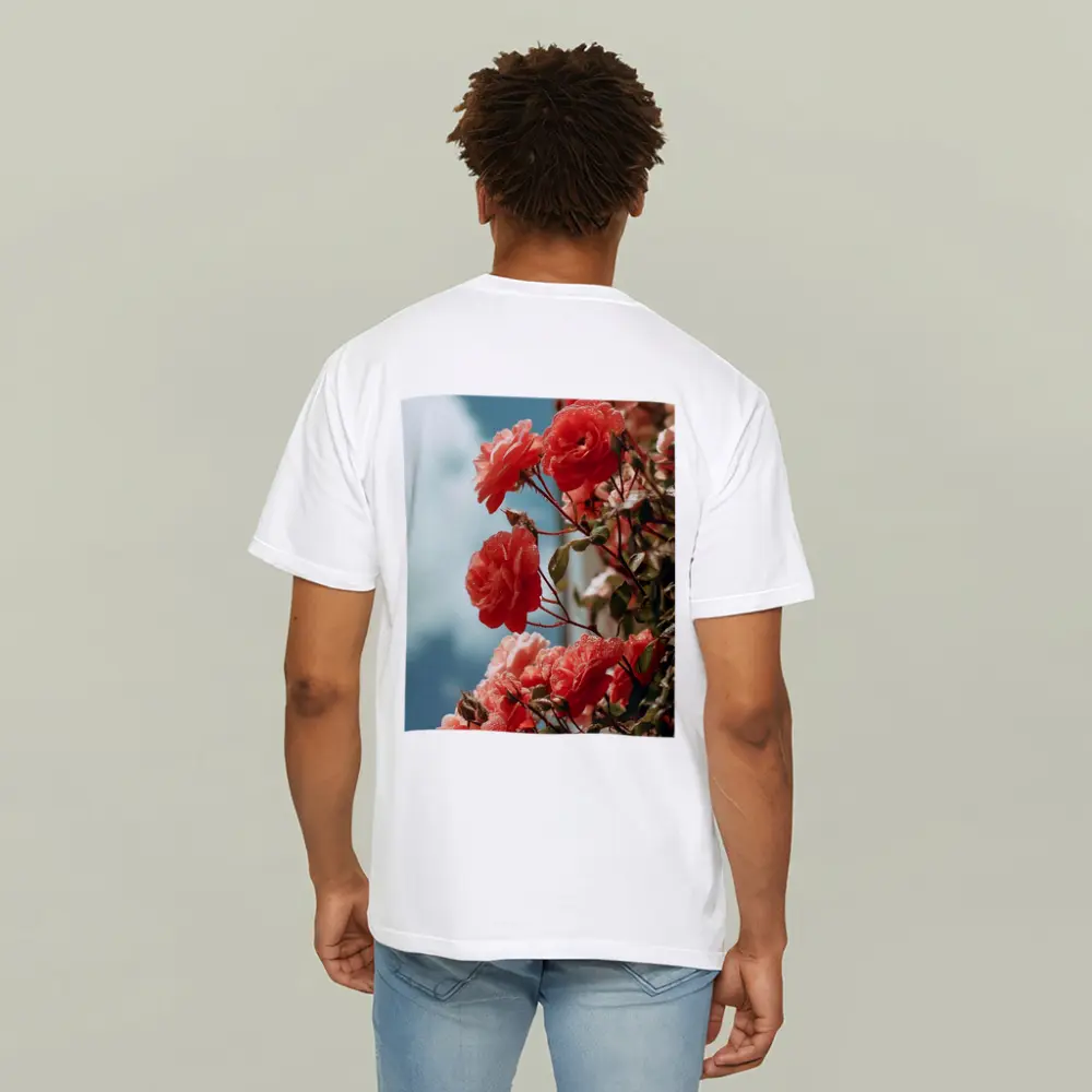 Red Roses Climbing Against Blue Sky – T-Shirts