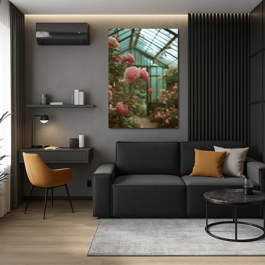 Pink Roses Blooming Inside Glass Greenhouse – Wall Art