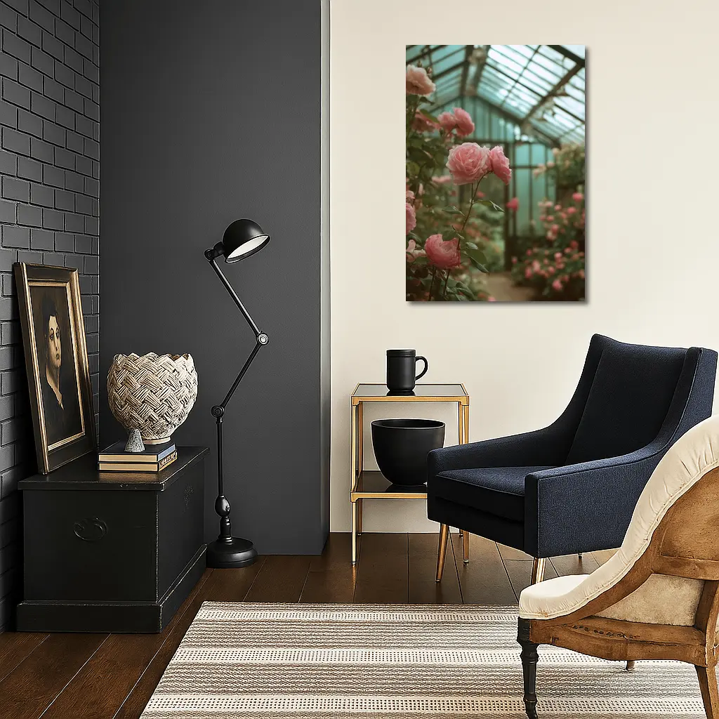 Pink Roses Blooming Inside Glass Greenhouse – Wall Art