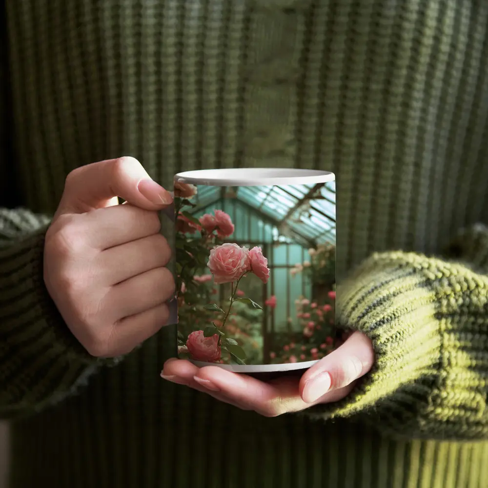 Pink Roses Blooming Inside Glass Greenhouse – Mugs