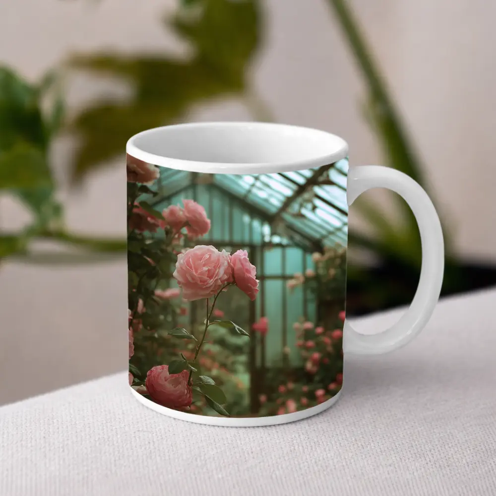 Pink Roses Blooming Inside Glass Greenhouse – Mugs