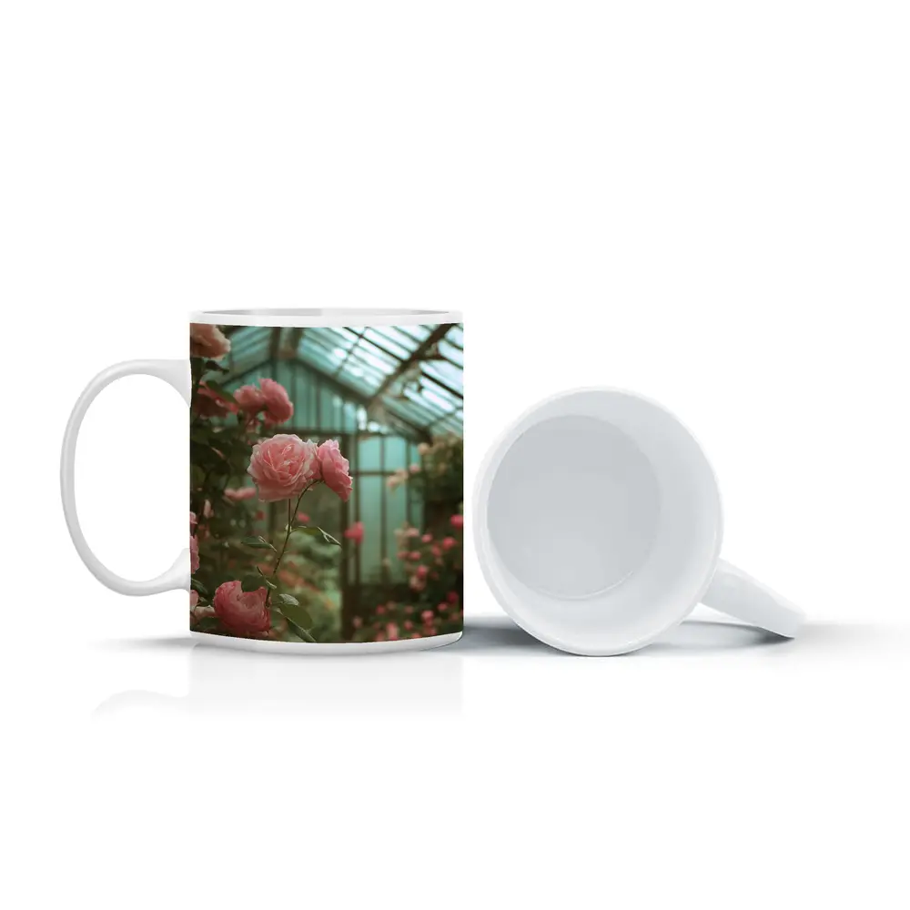 Pink Roses Blooming Inside Glass Greenhouse – Mugs