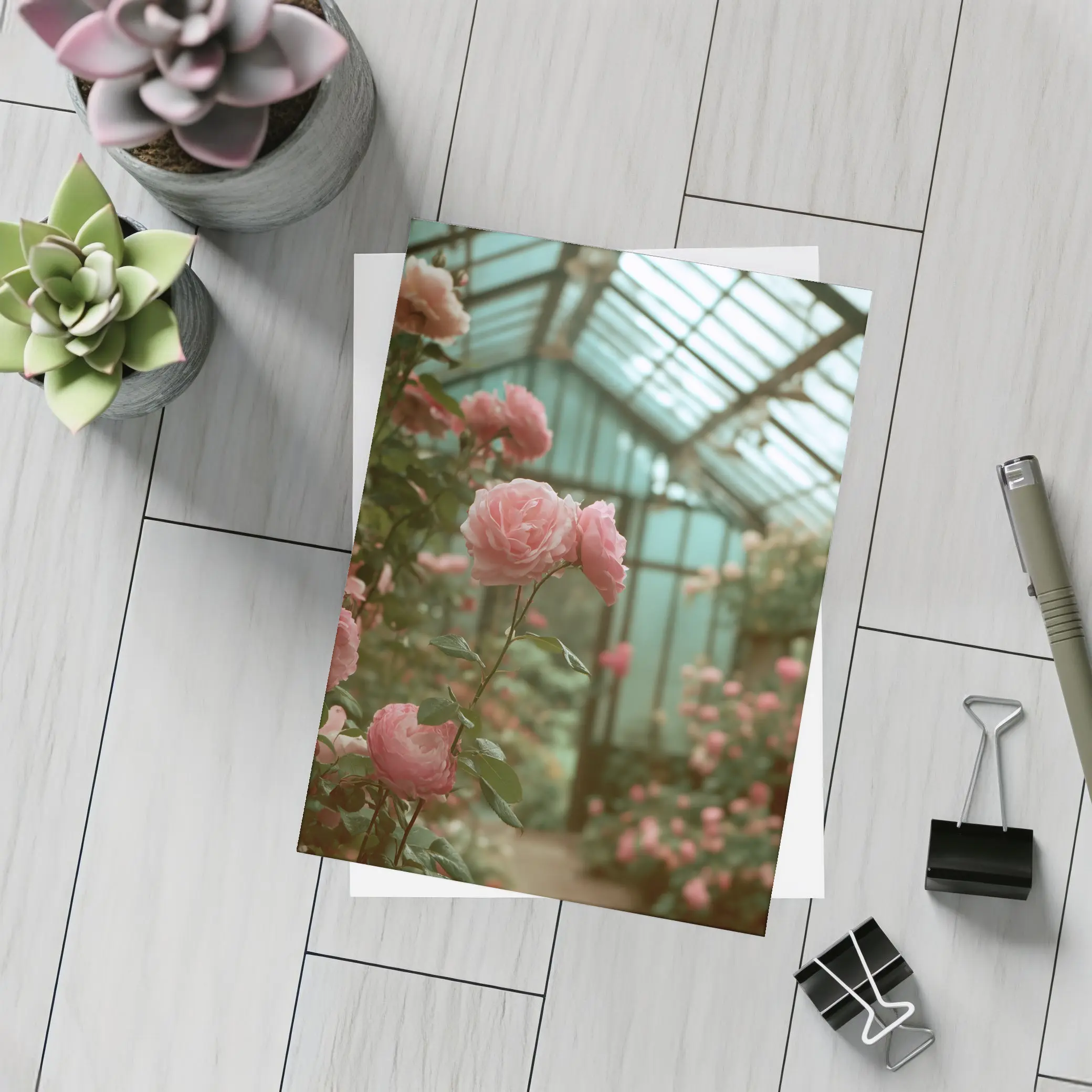 Pink Roses Blooming Inside Glass Greenhouse – Postcards