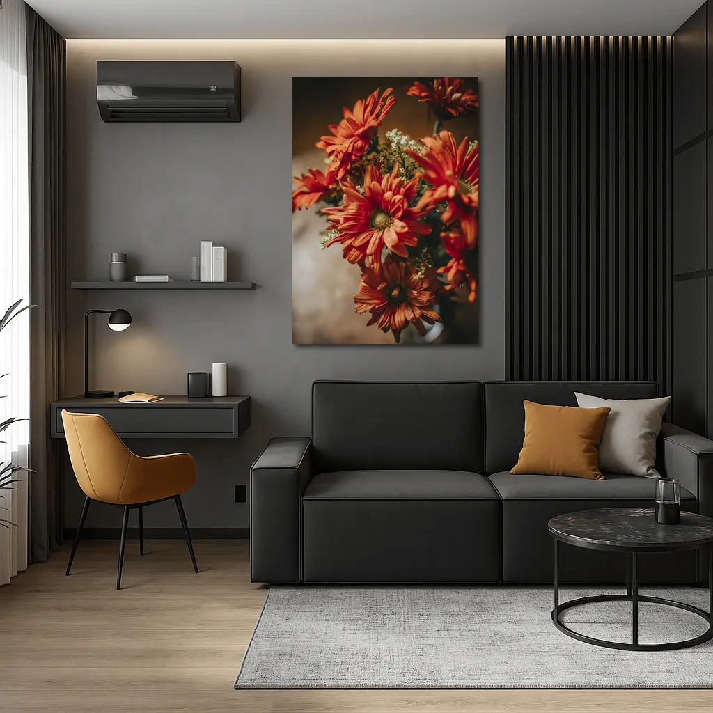 Red Chrysanthemums Bouquet Warm Dark Background – Wall Art