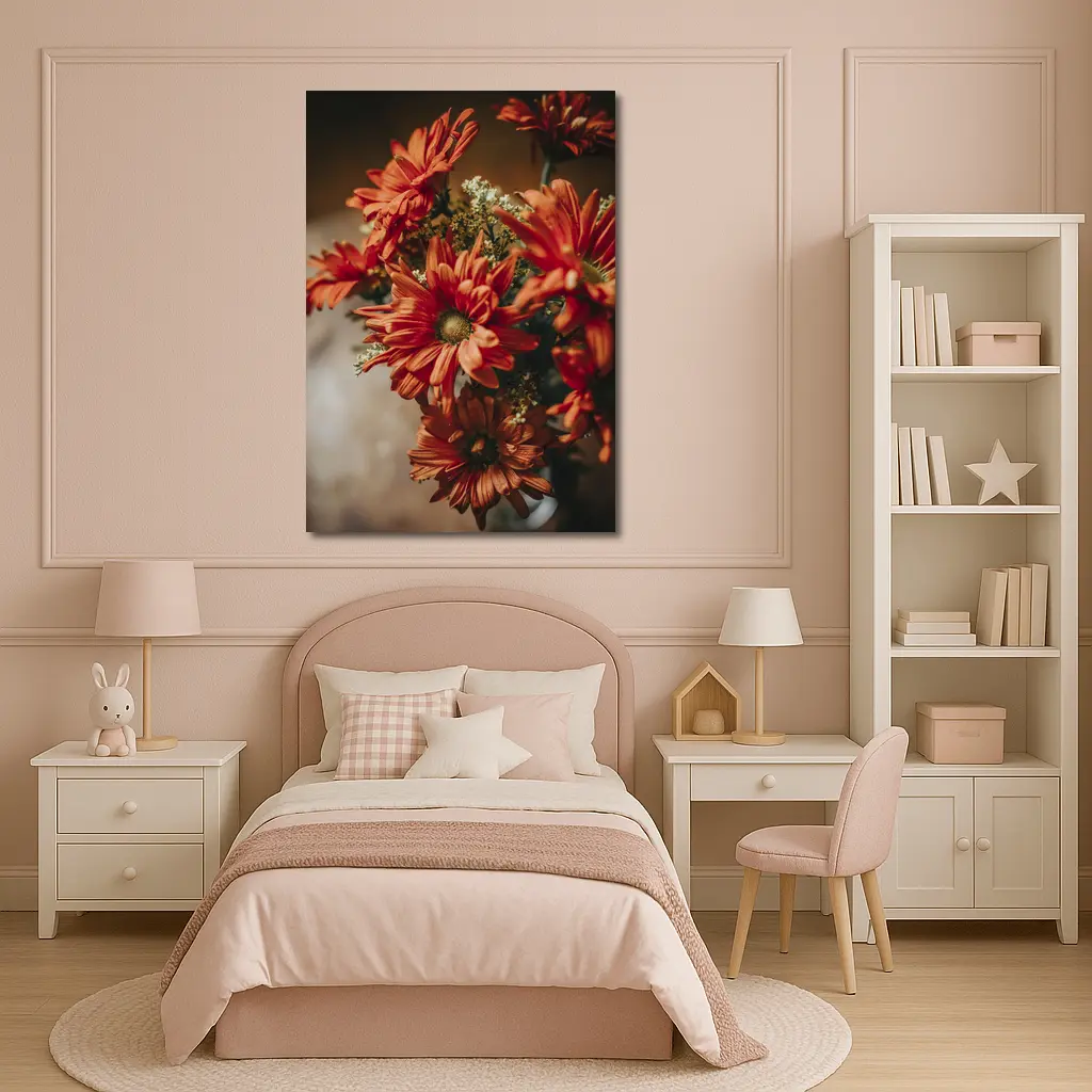Red Chrysanthemums Bouquet Warm Dark Background – Wall Art