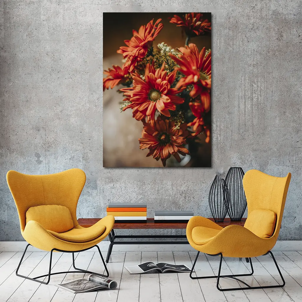 Red Chrysanthemums Bouquet Warm Dark Background – Wall Art