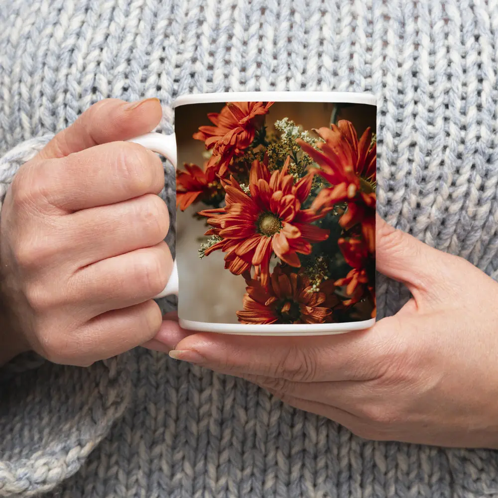 Red Chrysanthemums Bouquet Warm Dark Background – Mugs