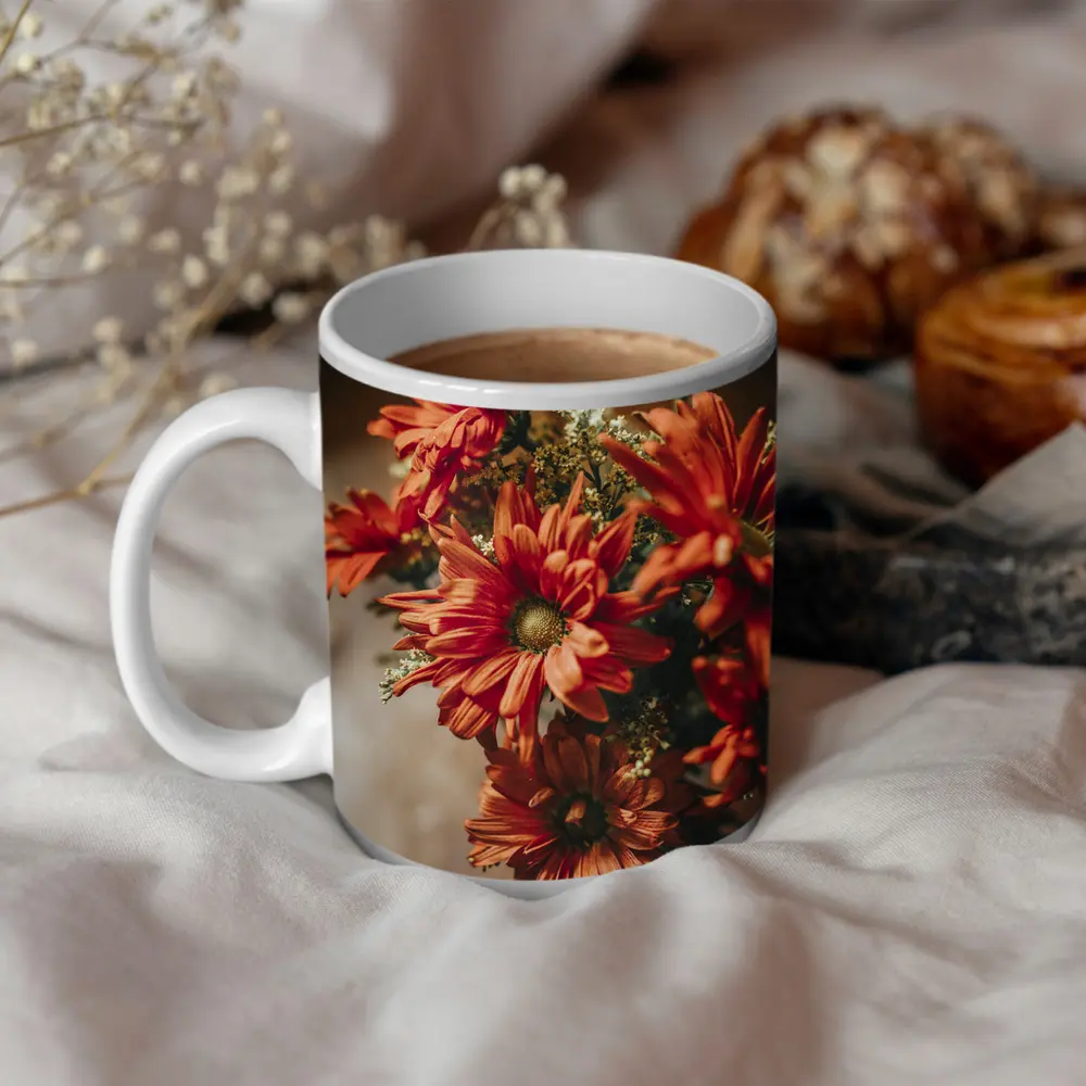 Red Chrysanthemums Bouquet Warm Dark Background – Mugs