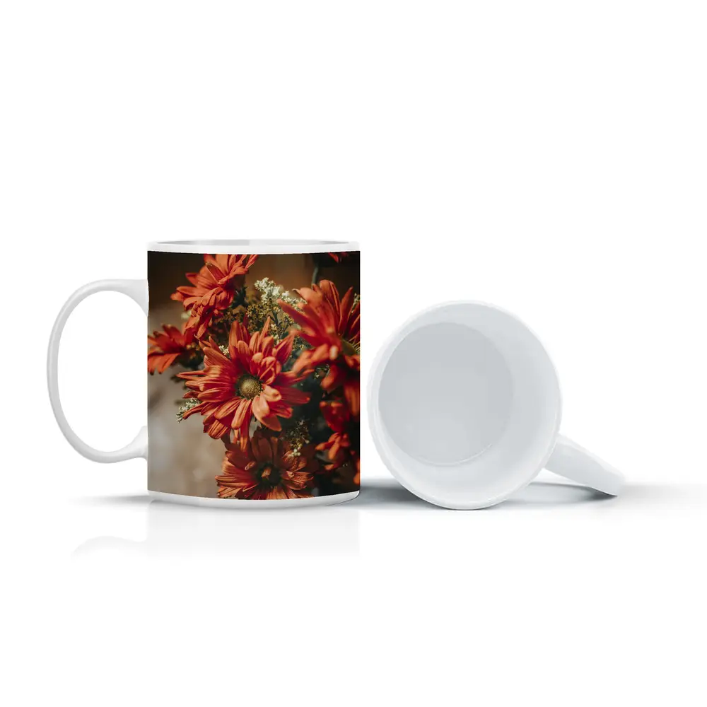 Red Chrysanthemums Bouquet Warm Dark Background – Mugs
