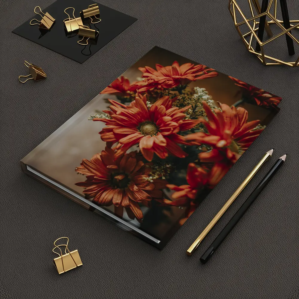 Red Chrysanthemums Bouquet Warm Dark Background – Notebooks