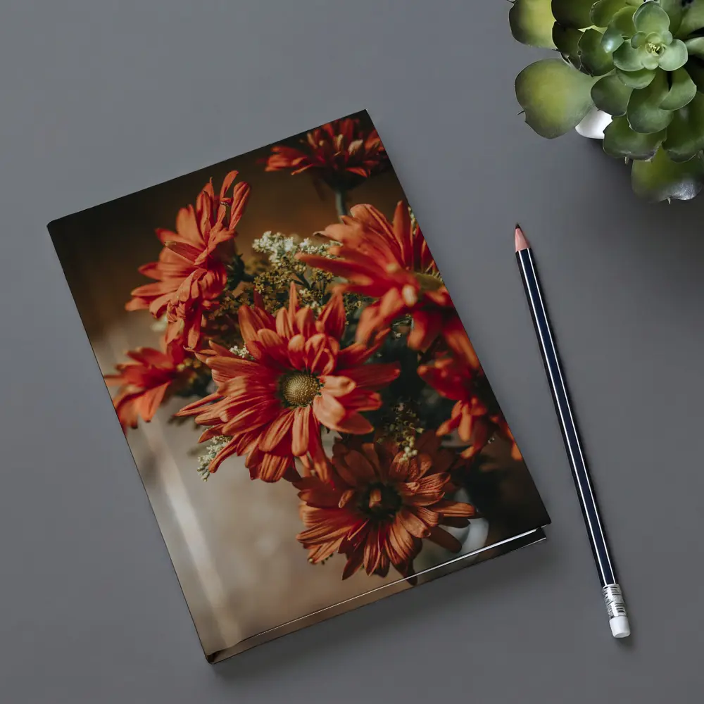 Red Chrysanthemums Bouquet Warm Dark Background – Notebooks