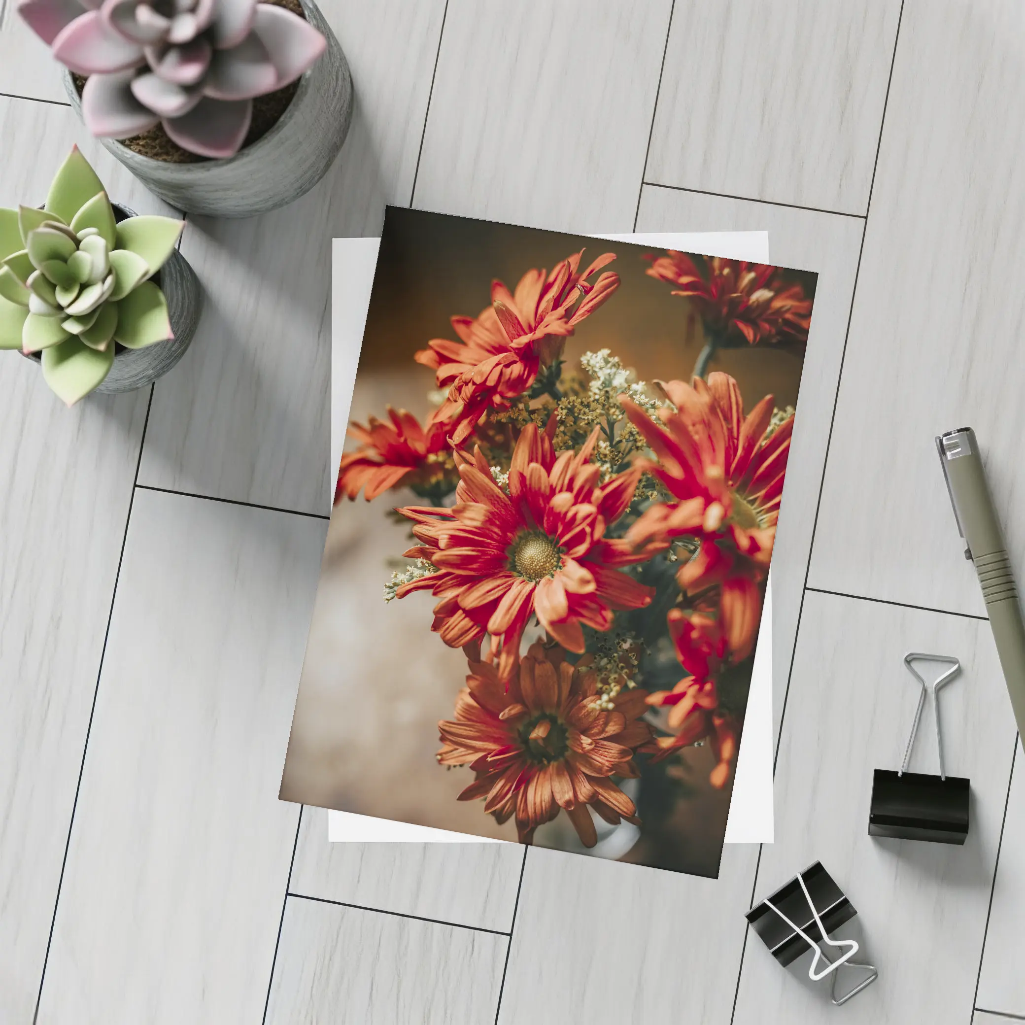 Red Chrysanthemums Bouquet Warm Dark Background – Postcards