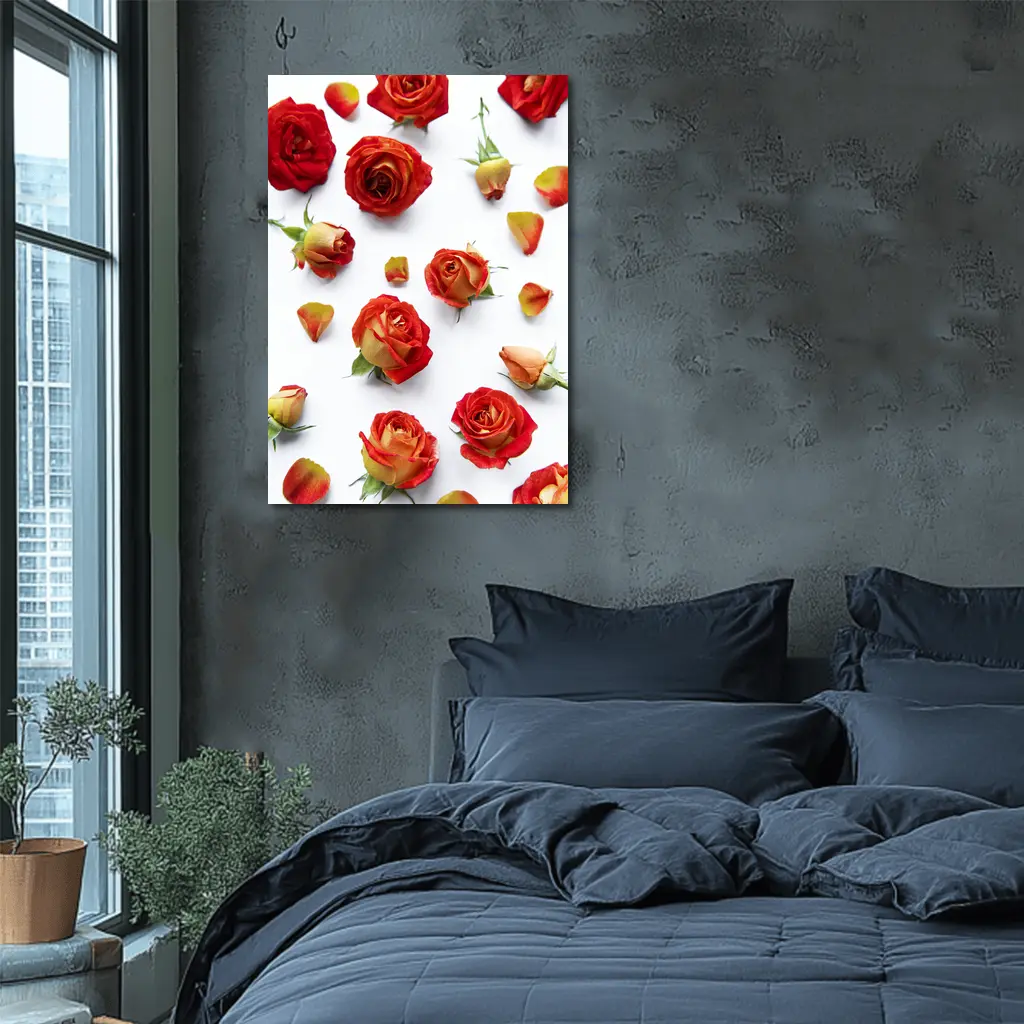 Red Roses and Petals White Background – Wall Art