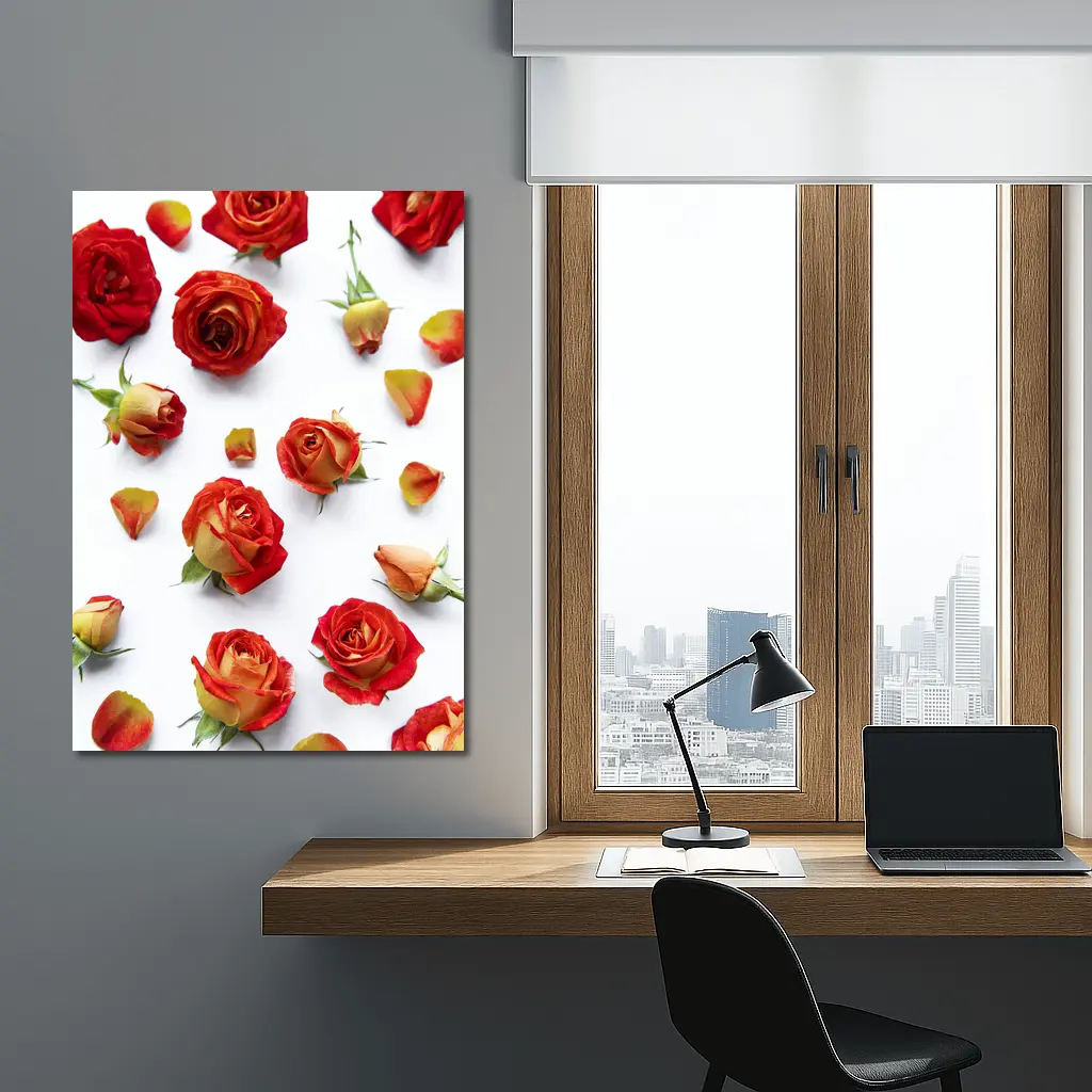 Red Roses and Petals White Background – Wall Art