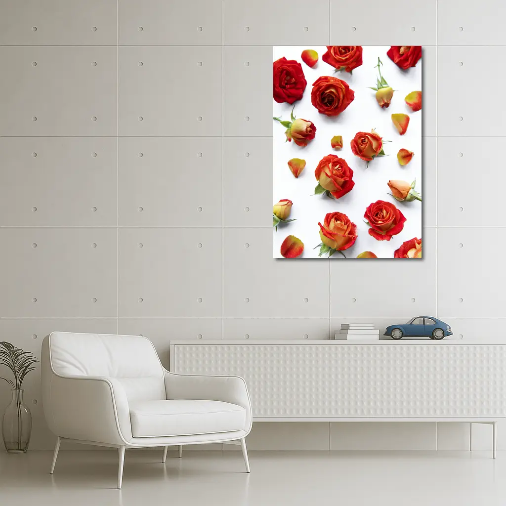 Red Roses and Petals White Background – Wall Art
