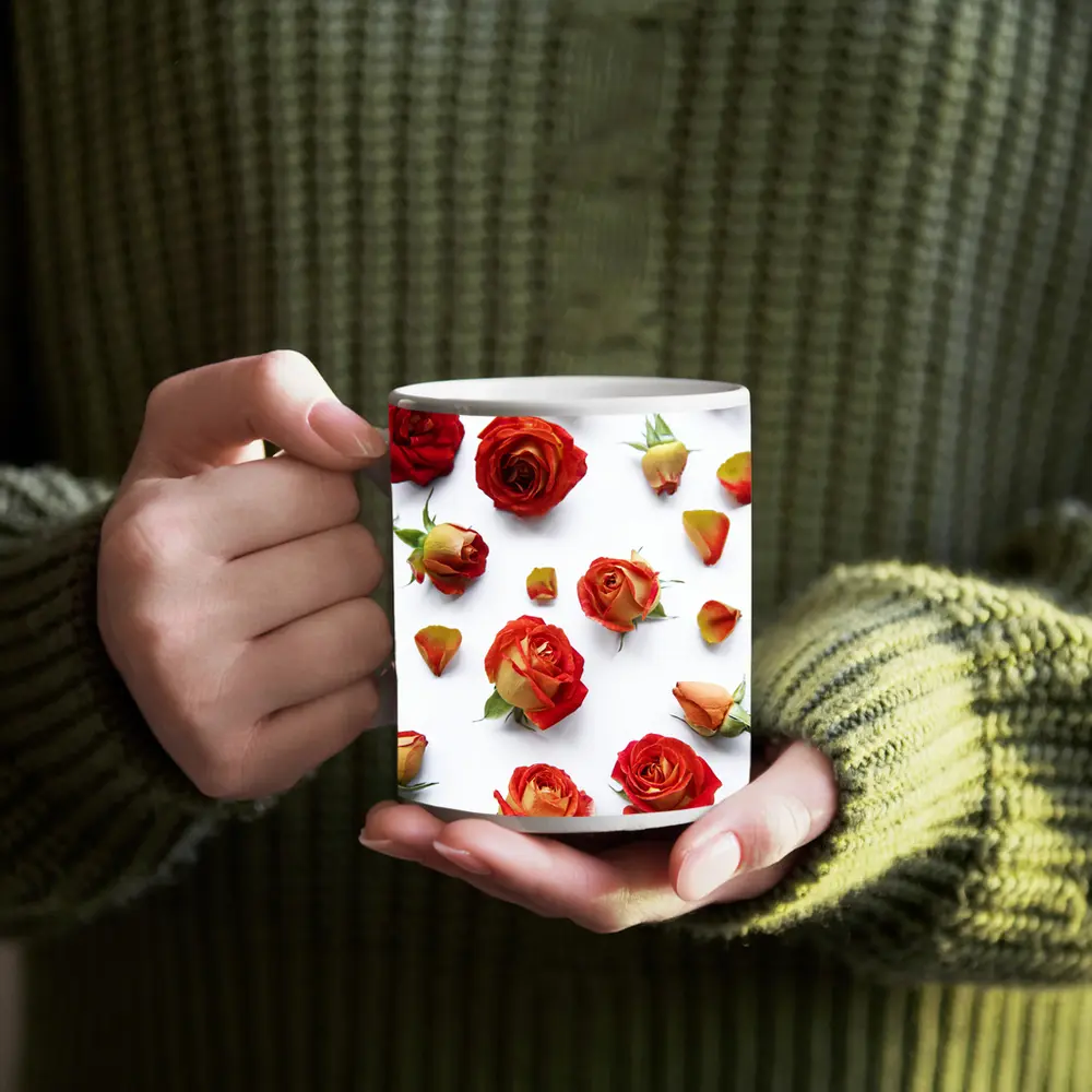 Red Roses and Petals White Background – Mugs