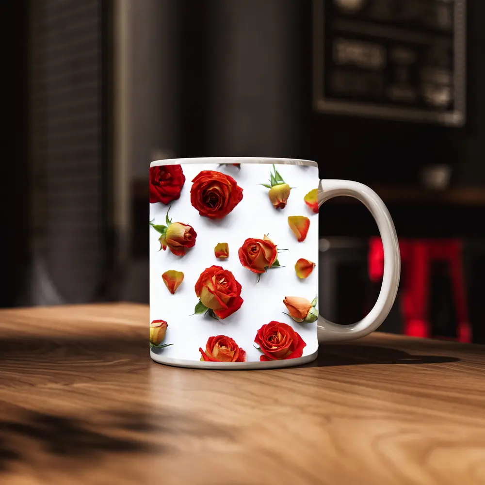 Red Roses and Petals White Background – Mugs