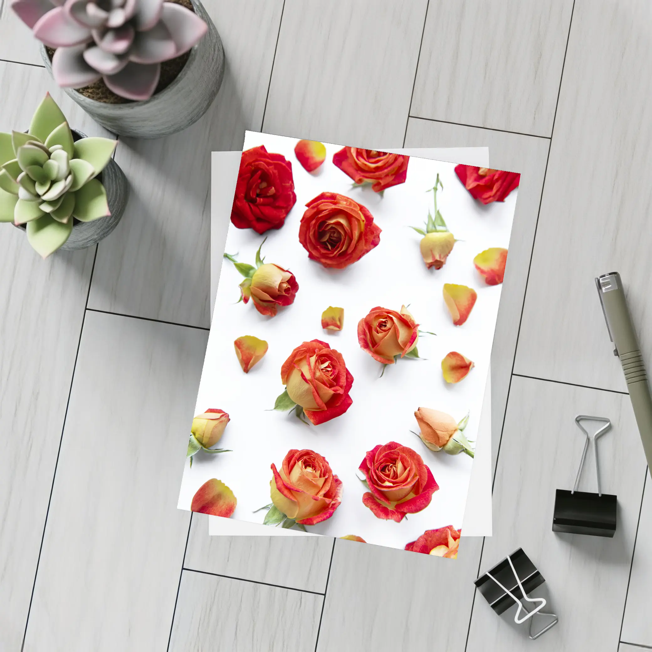 Red Roses and Petals White Background – Postcards