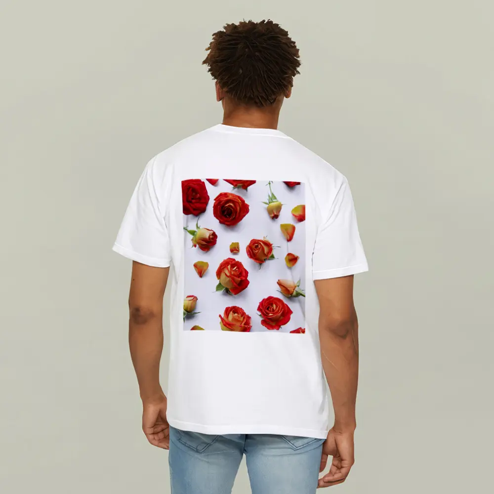 Red Roses and Petals White Background – T-Shirts