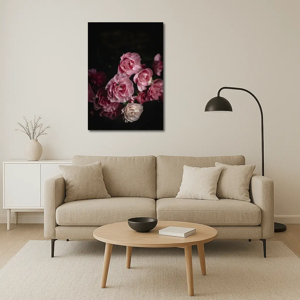 Pink Roses With Water Drops Dark Background – Wall Art