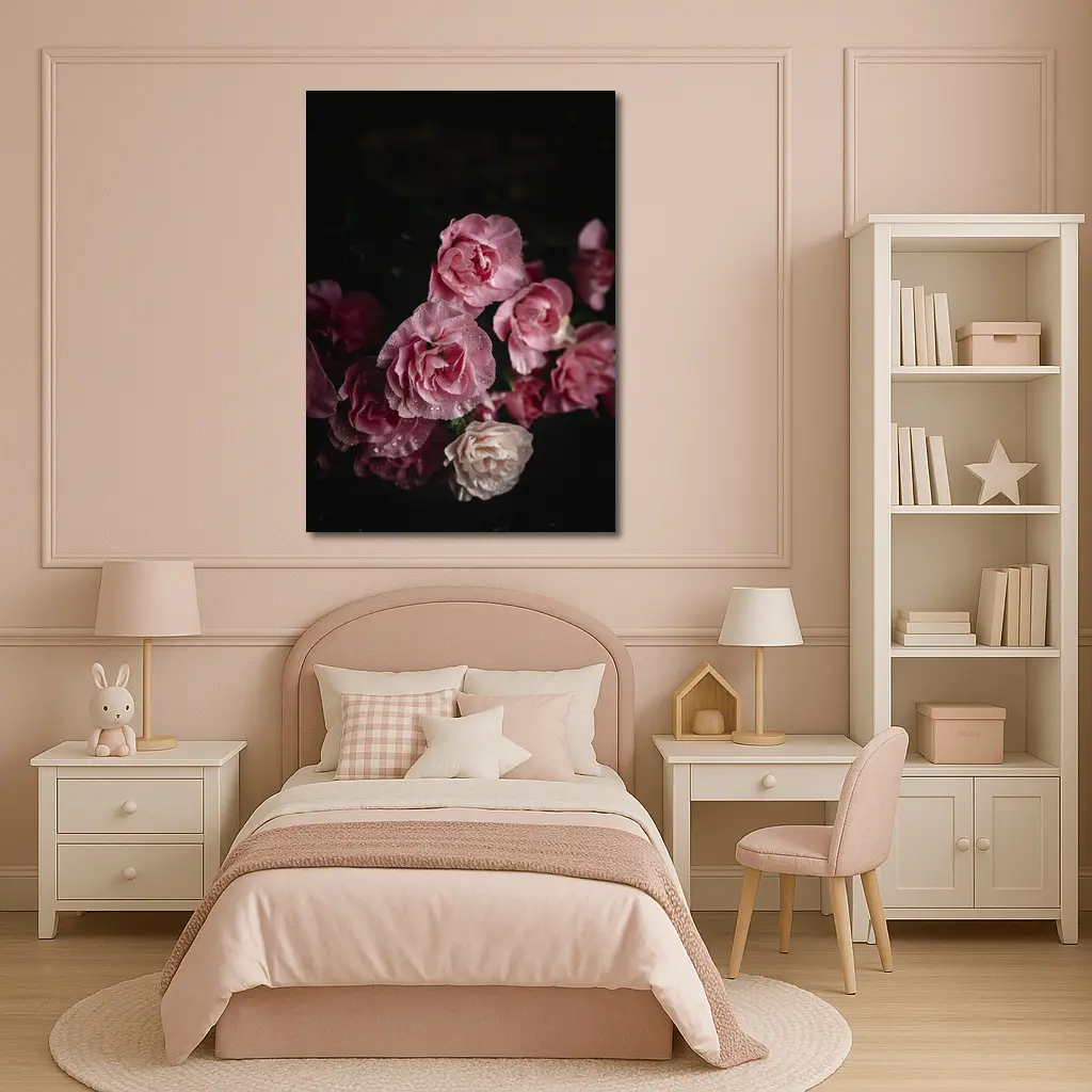 Pink Roses With Water Drops Dark Background – Wall Art