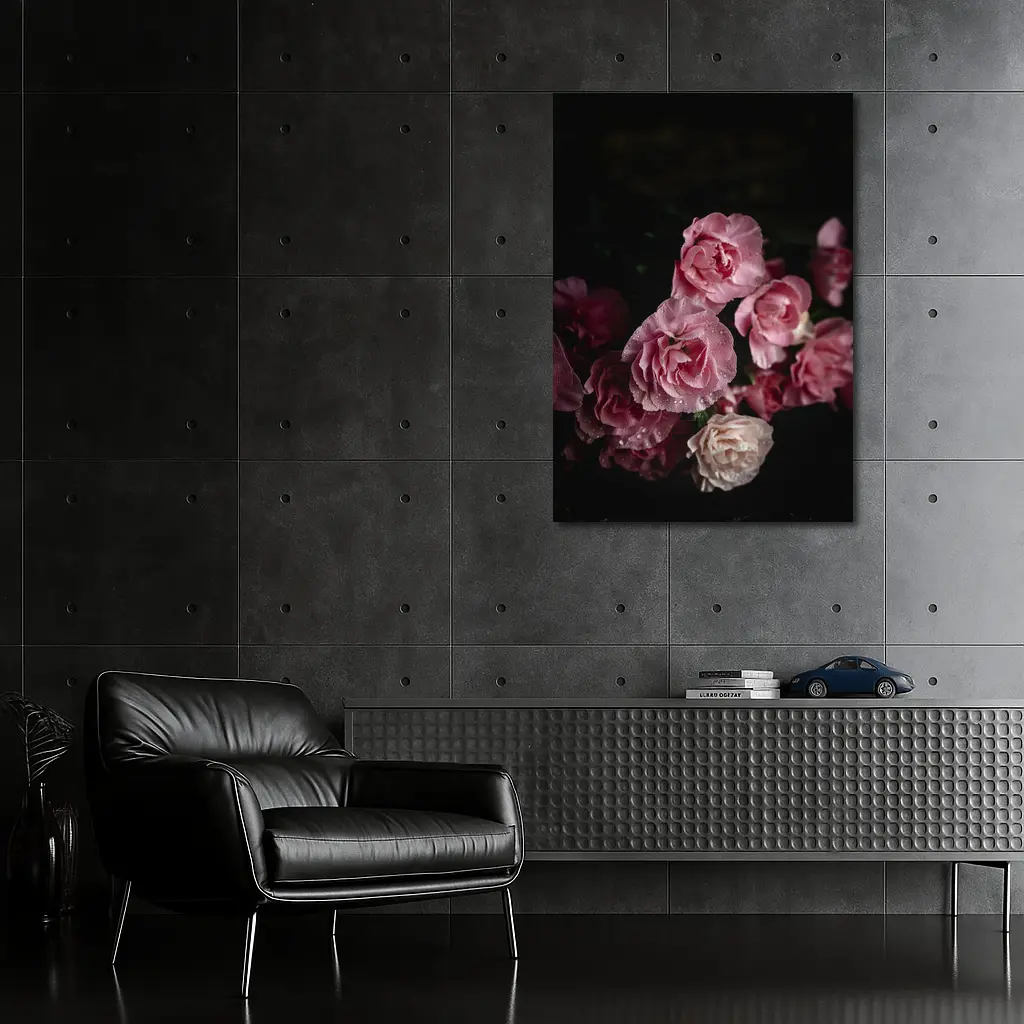 Pink Roses With Water Drops Dark Background – Wall Art