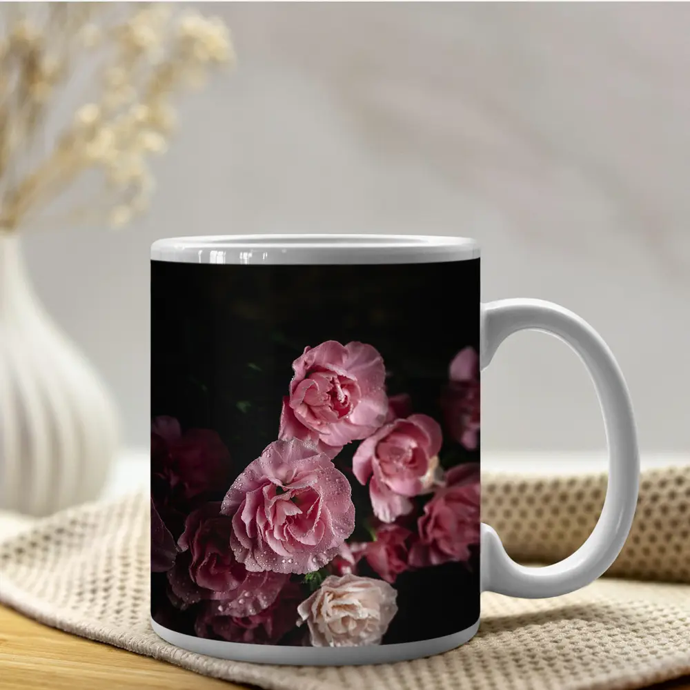 Pink Roses With Water Drops Dark Background – Mugs