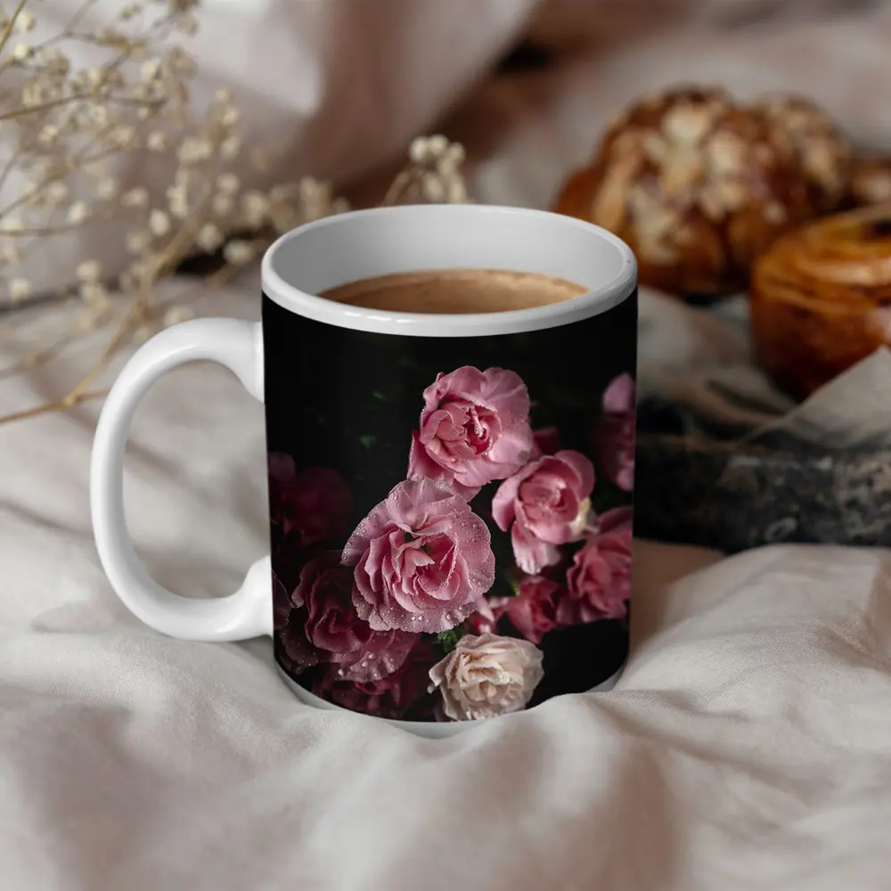 Pink Roses With Water Drops Dark Background – Mugs