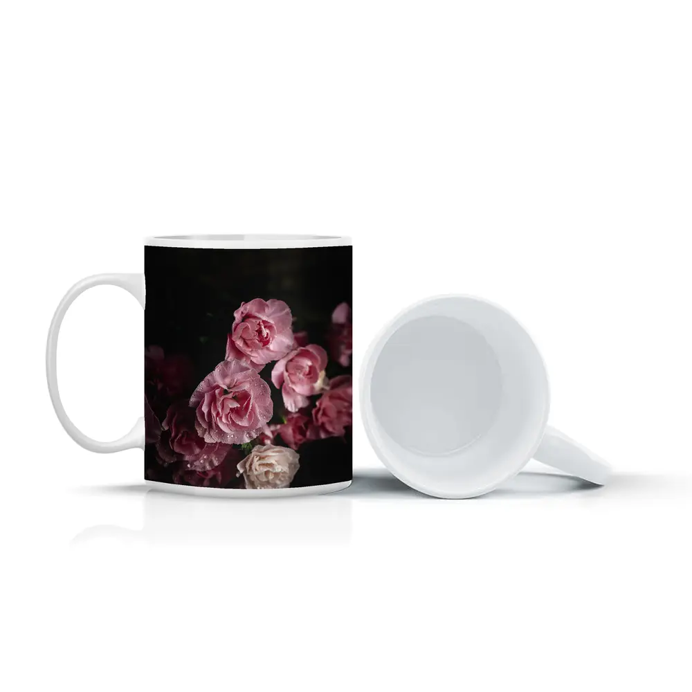Pink Roses With Water Drops Dark Background – Mugs