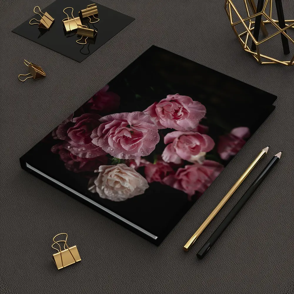 Pink Roses With Water Drops Dark Background – Notebooks