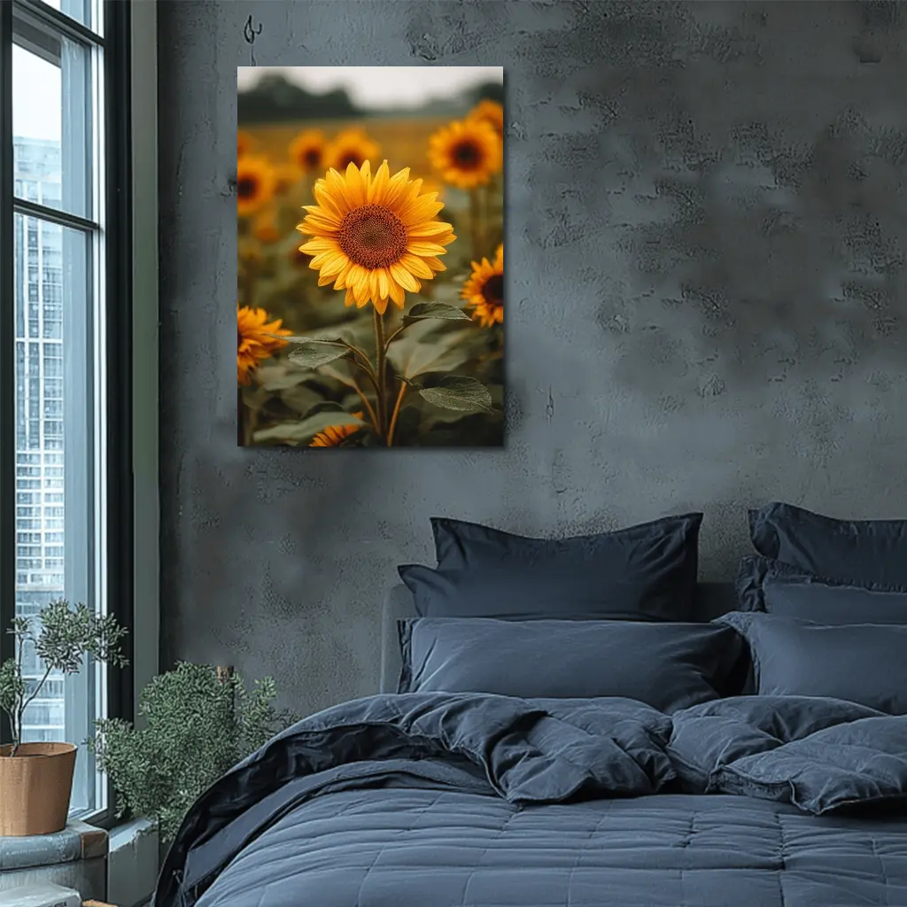 Sunflower Field Golden Blooms Overcast Sky – Wall Art