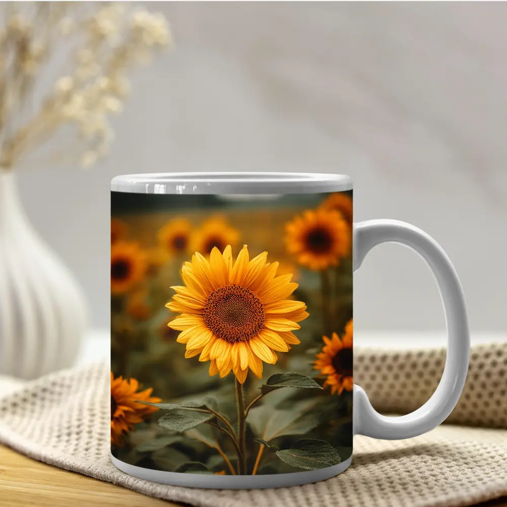Sunflower Field Golden Blooms Overcast Sky – Mugs