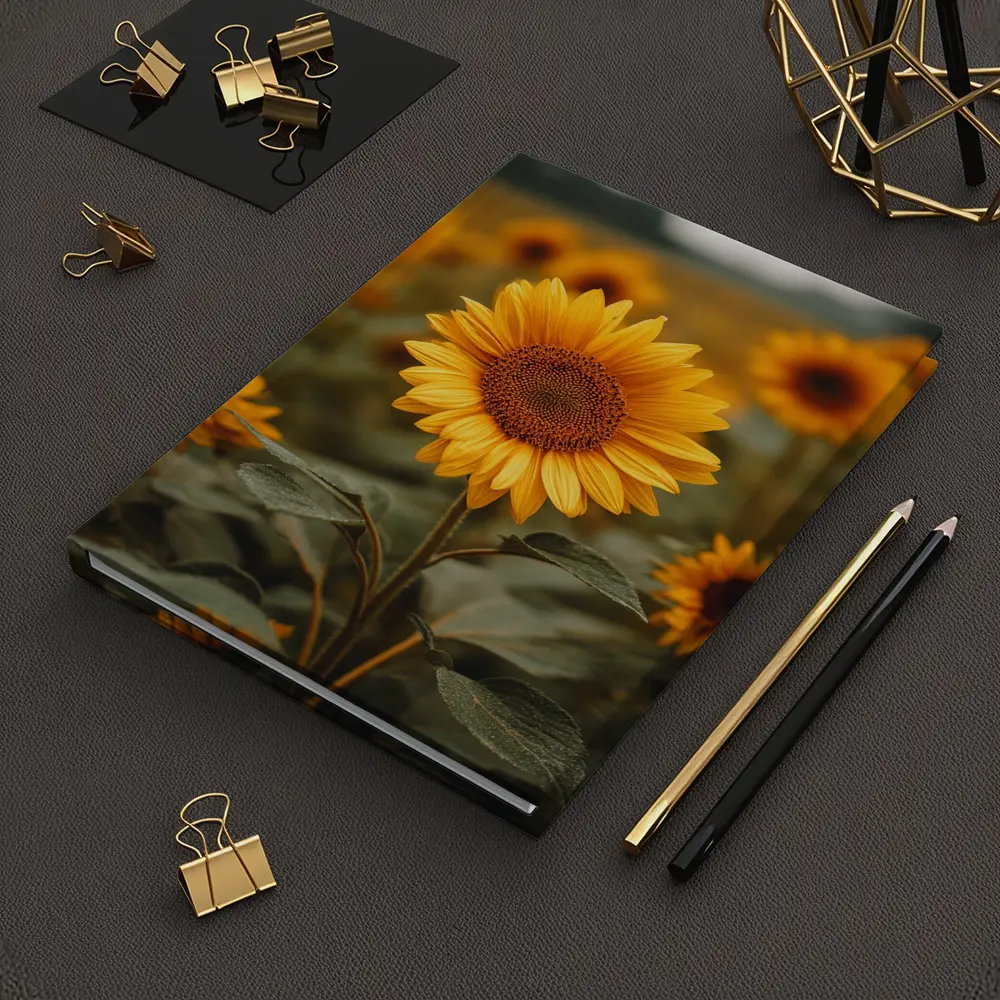 Sunflower Field Golden Blooms Overcast Sky – Notebooks