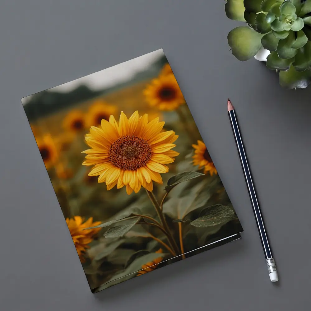Sunflower Field Golden Blooms Overcast Sky – Notebooks