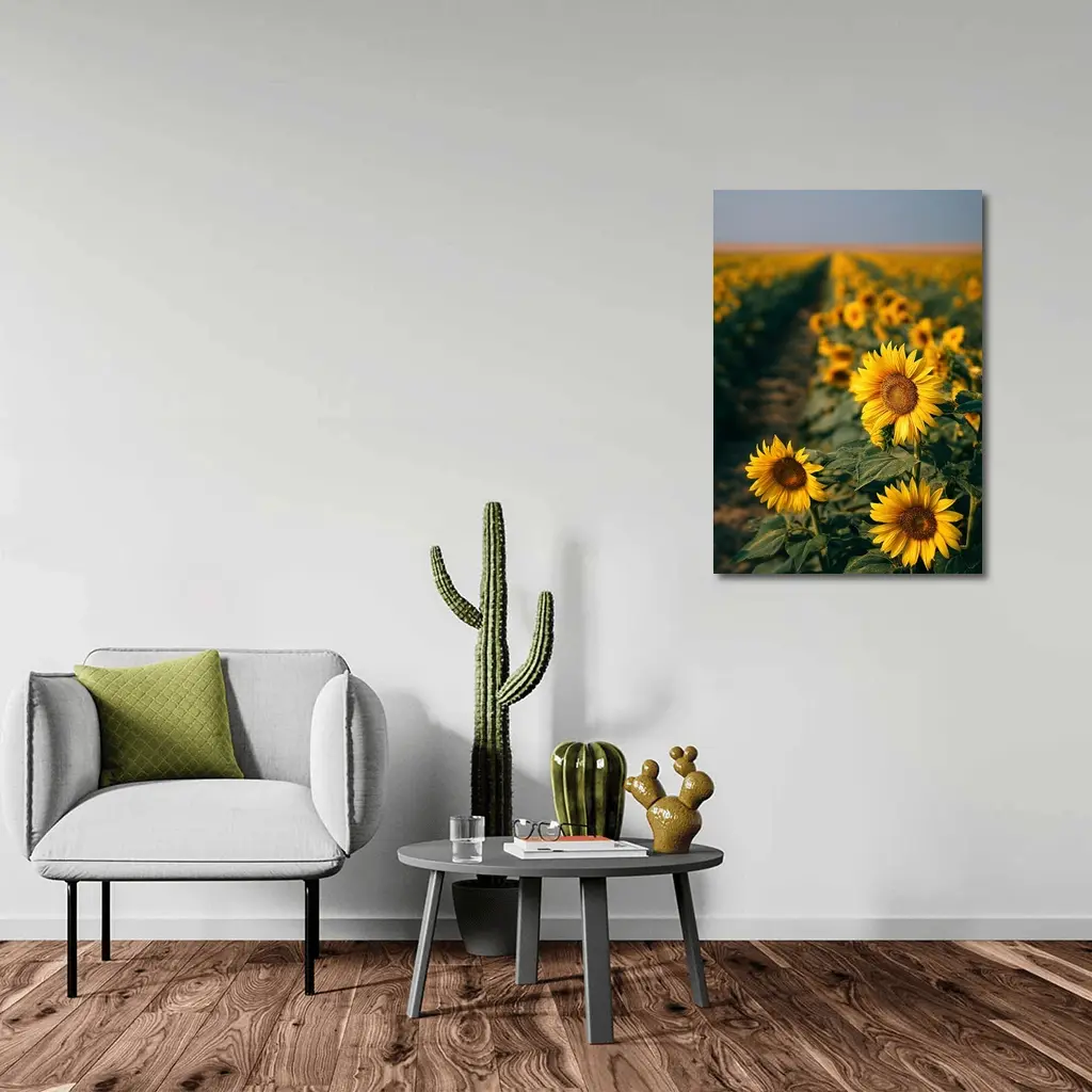 Sunflower Field Rows Under Clear Sky – Wall Art