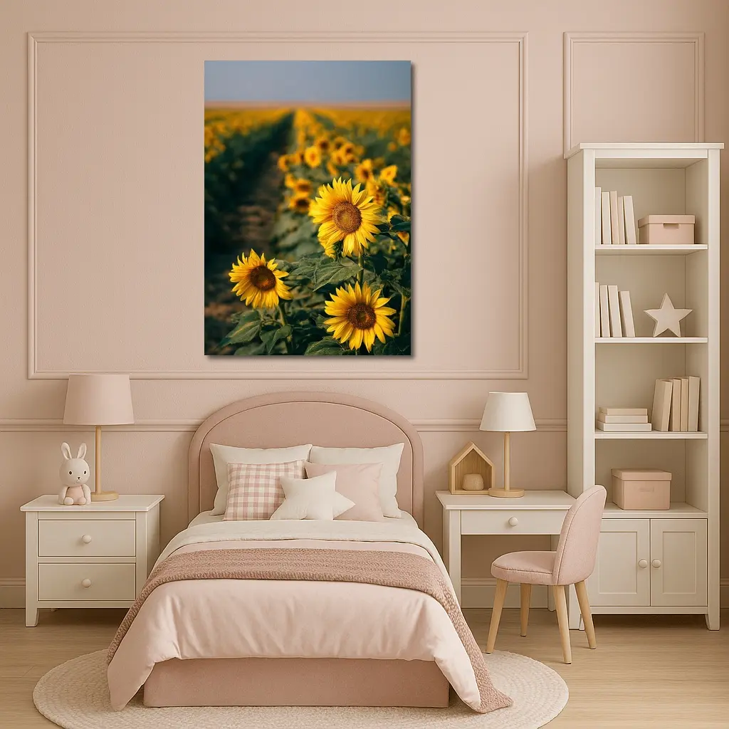 Sunflower Field Rows Under Clear Sky – Wall Art