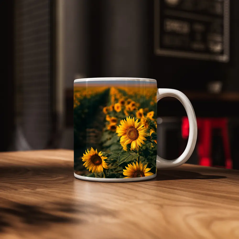 Sunflower Field Rows Under Clear Sky – Mugs