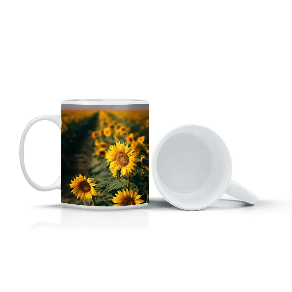 Sunflower Field Rows Under Clear Sky – Mugs