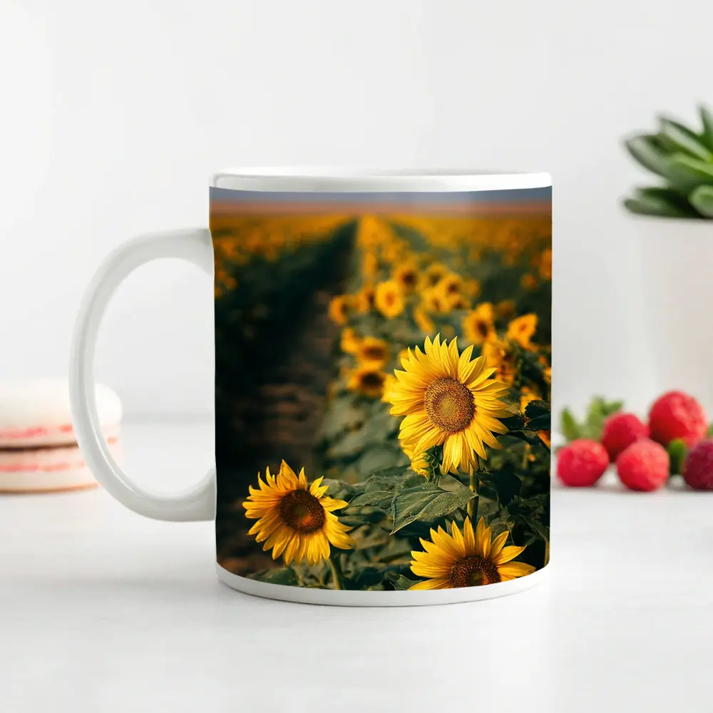 Sunflower Field Rows Under Clear Sky – Mugs