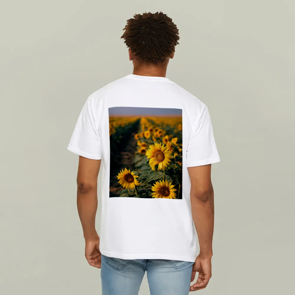 Sunflower Field Rows Under Clear Sky – T-Shirts