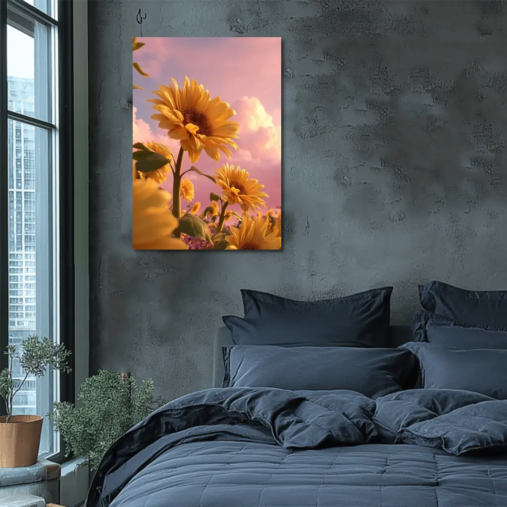 Sunflowers Against Pink Dreamy Sky – Wall Art
