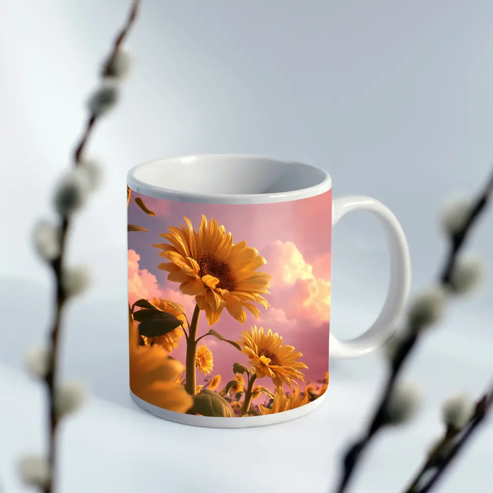 Sunflowers Against Pink Dreamy Sky – Mugs