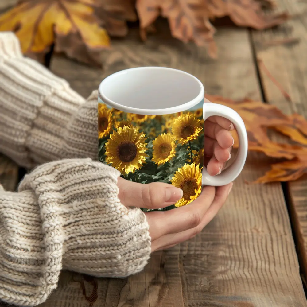 Sunflower Field Under Bright Blue Sky – Mugs