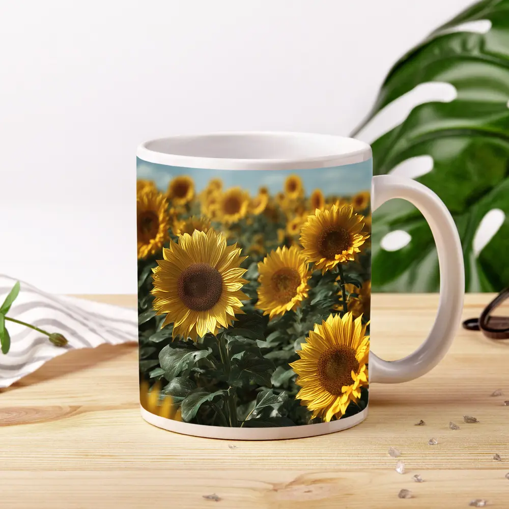 Sunflower Field Under Bright Blue Sky – Mugs