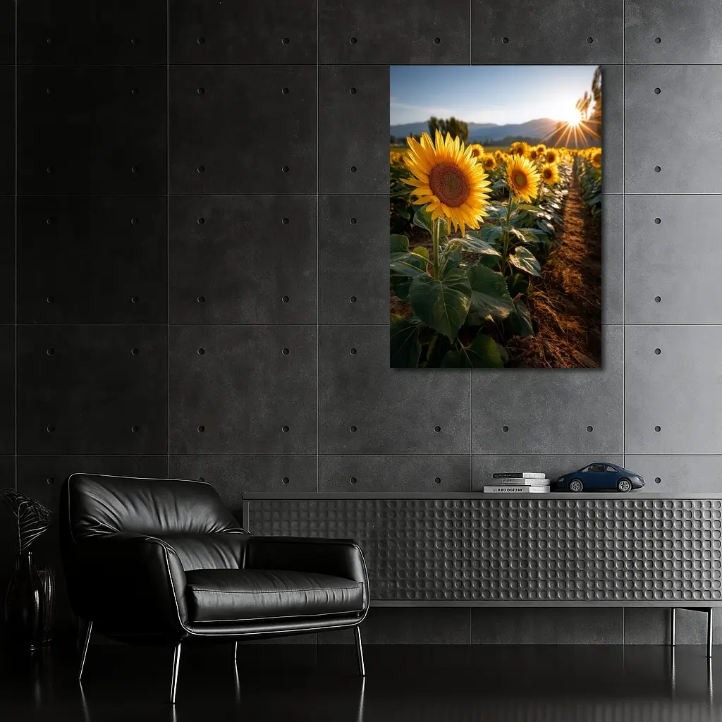 Sunflower Field Golden Hour Mountain Backdrop – Wall Art