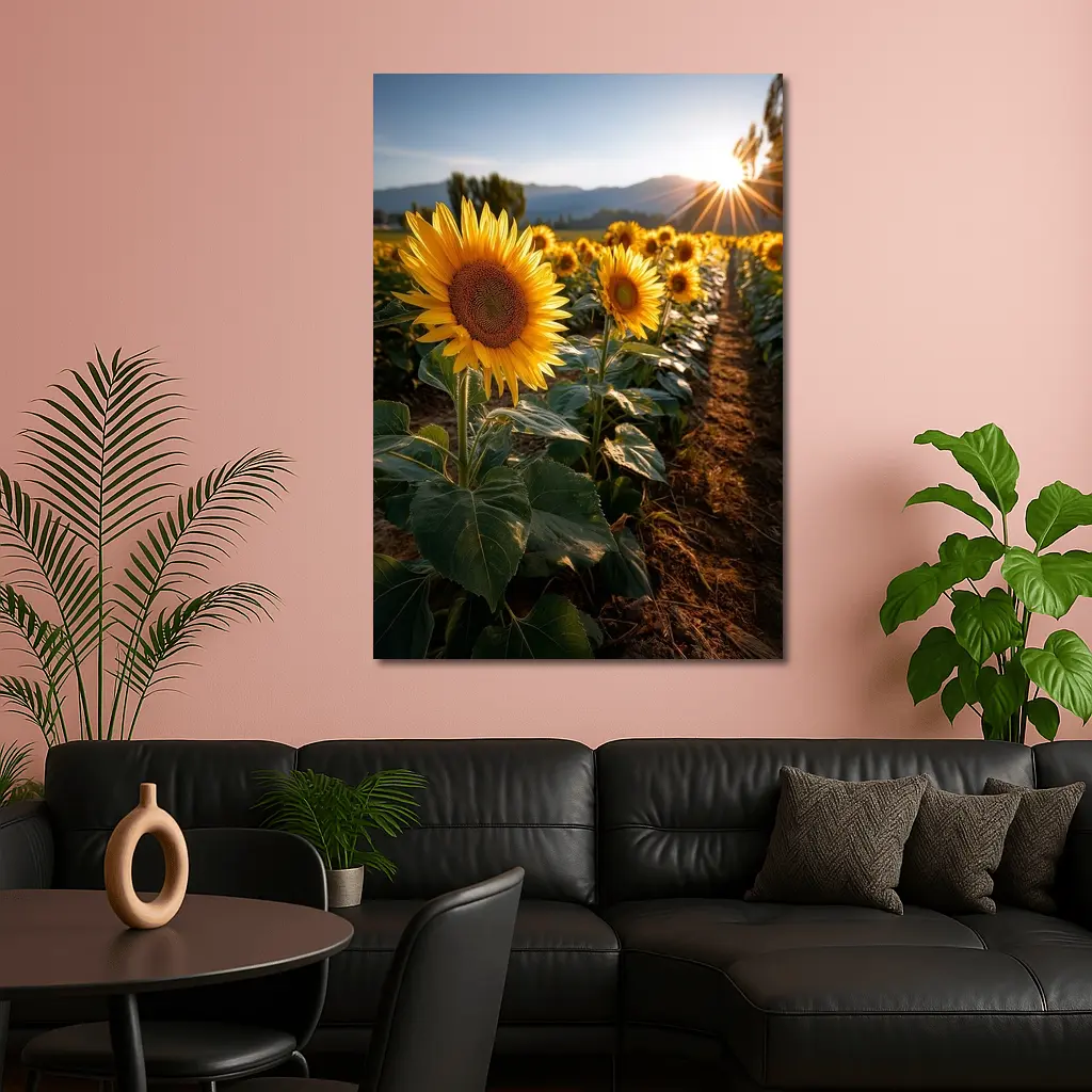 Sunflower Field Golden Hour Mountain Backdrop – Wall Art