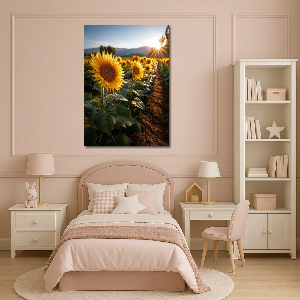 Sunflower Field Golden Hour Mountain Backdrop – Wall Art