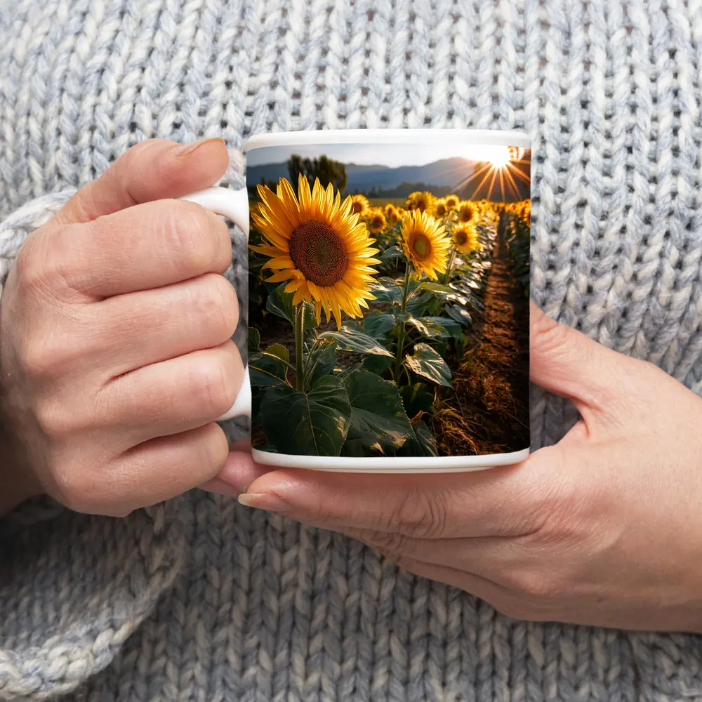 Sunflower Field Golden Hour Mountain Backdrop – Mugs